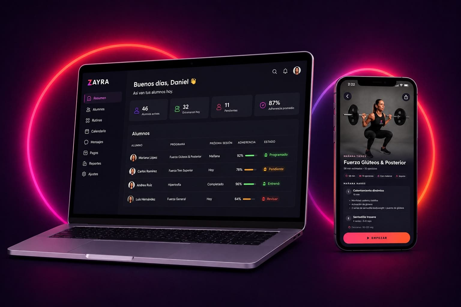 El panel de Zayra en una laptop y la rutina del día en la app del alumno